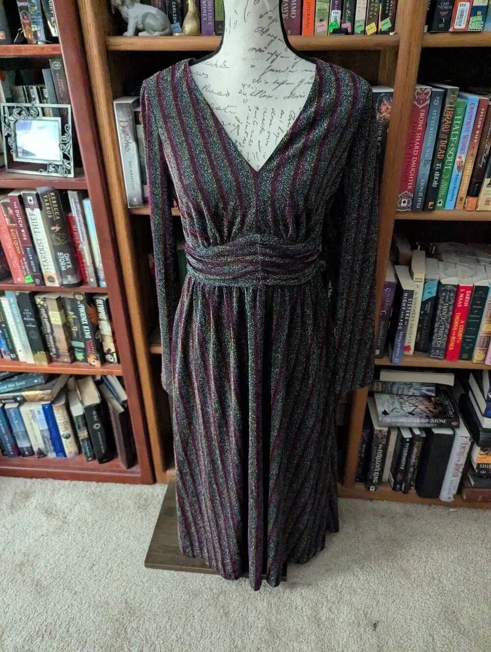 Boden Multicolor Silk Purple Blue Metallic Shimmer Wrap Midi Dress Size 4R NWT